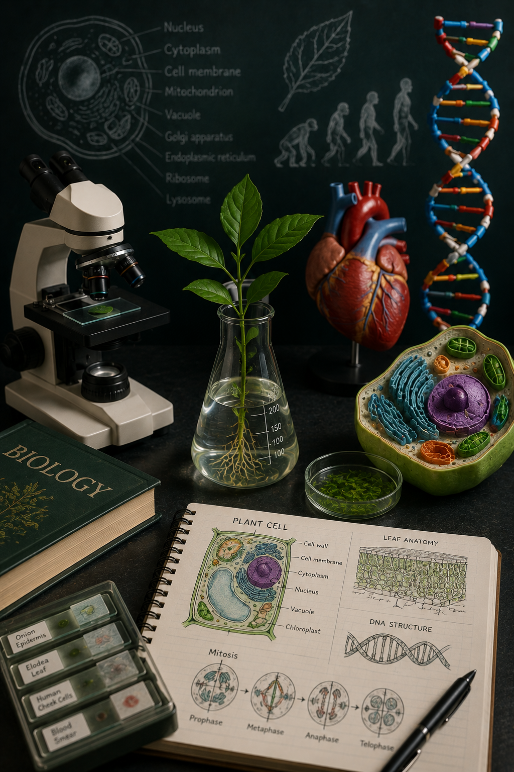 Student desk with computer for online IGCSE Biology study